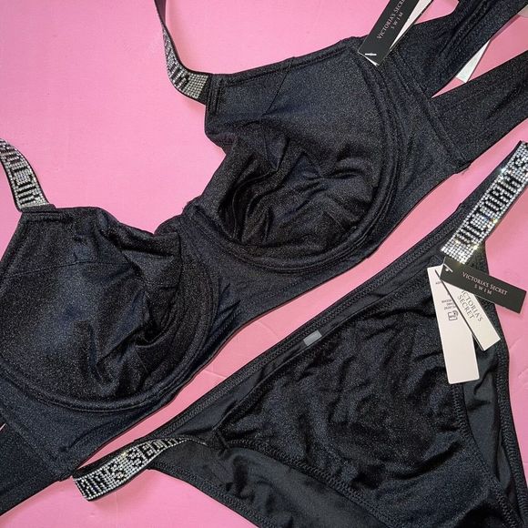 Victoria's Secret UNLINED 36C/36B BIKINI L BOTTOM shine strap BLACK SILVER - Picture 3 of 5